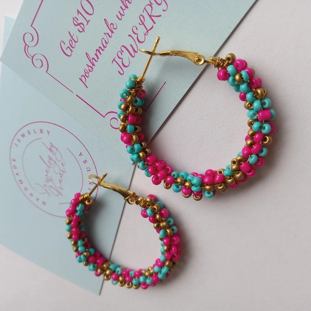Hand Crafted Pink and Turquoise Beaded Hoop Earrings - Picture 2 of 5